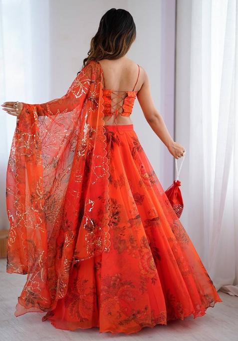 Orange Embroidered Oraganza Lehenga Choli