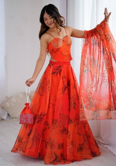Orange Embroidered Oraganza Lehenga Choli