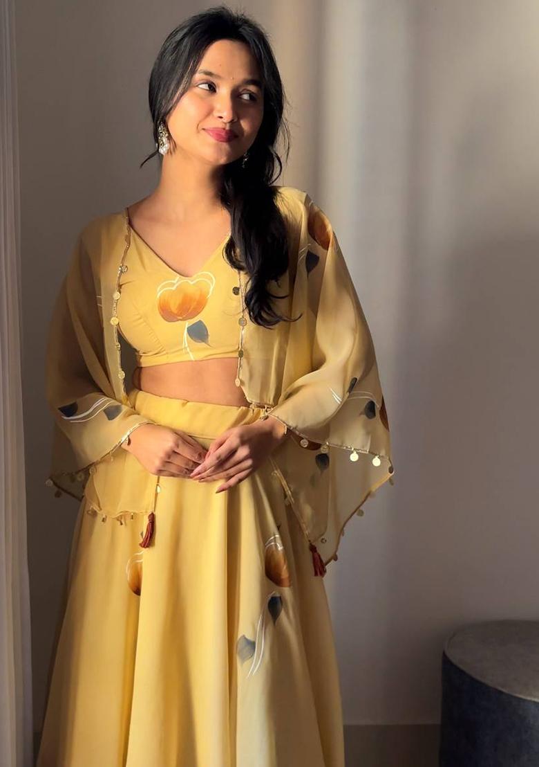 Yellow Embroidered Georgette Lehenga Choli - Indya