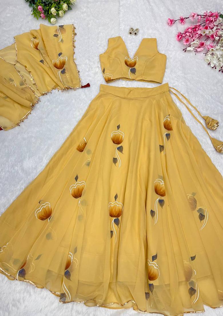 Yellow Embroidered Georgette Lehenga Choli - Indya