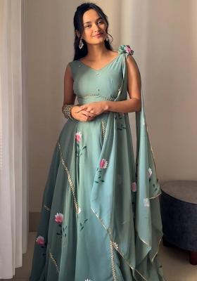 Seagreen Embroidered Georgette Lehenga Choli