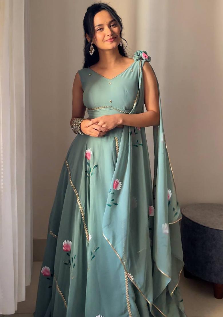 Seagreen Embroidered Georgette Lehenga Choli