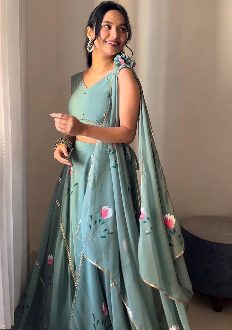 Seagreen Embroidered Georgette Lehenga Choli - Indya