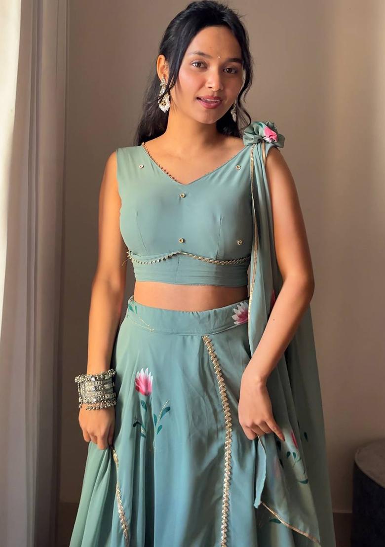 Seagreen Embroidered Georgette Lehenga Choli - Indya