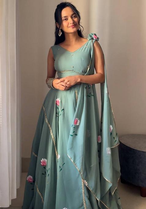 Seagreen Embroidered Georgette Lehenga Choli