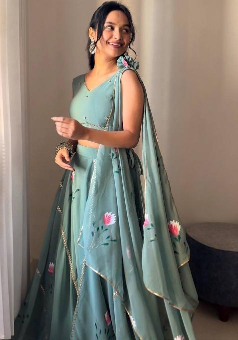 Seagreen Embroidered Georgette Lehenga Choli