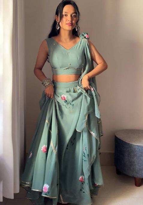 Seagreen Embroidered Georgette Lehenga Choli