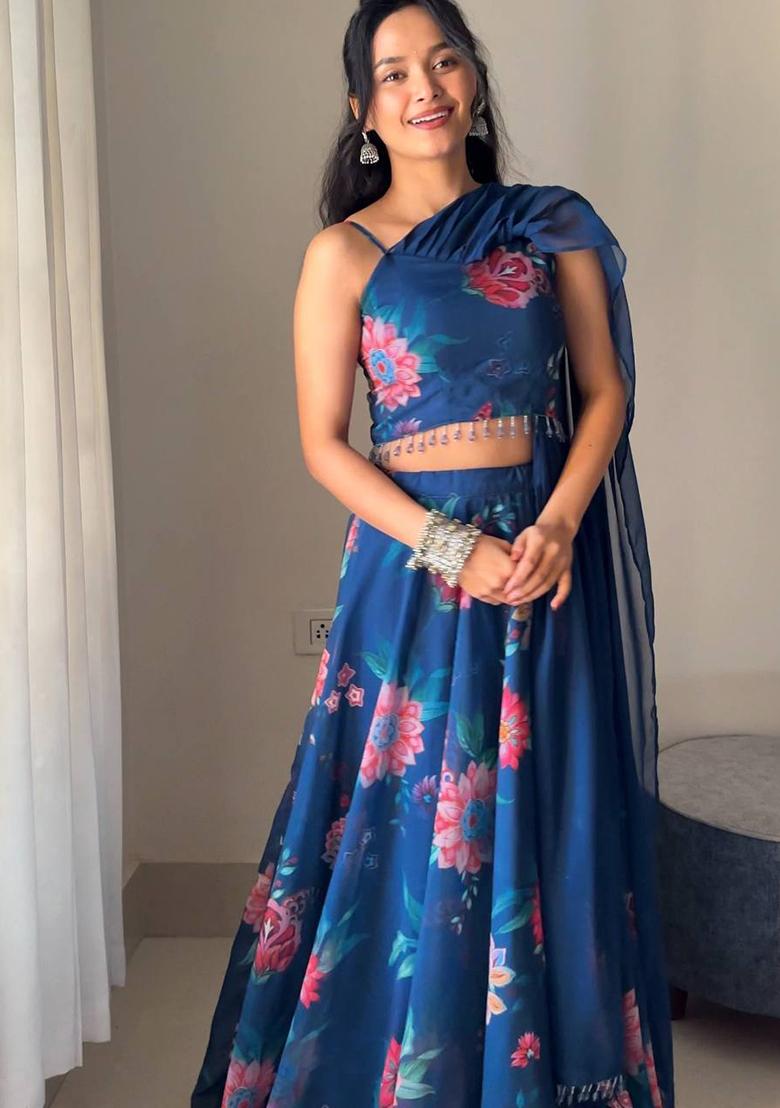 Blue Embroidered Georgette Lehenga Choli