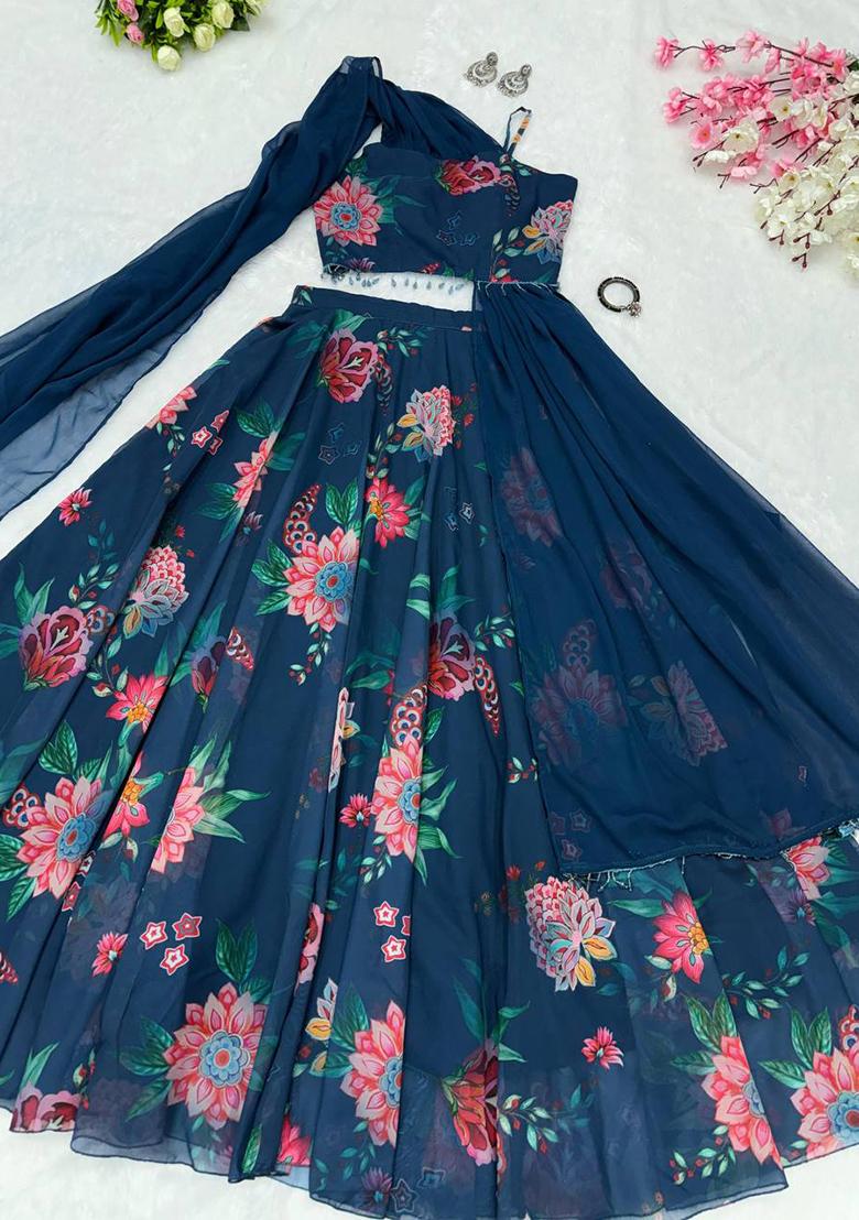 Blue Embroidered Georgette Lehenga Choli - Indya