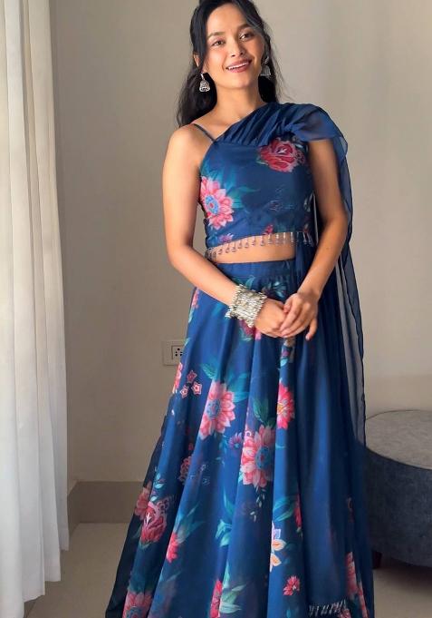 Blue Embroidered Georgette Lehenga Choli