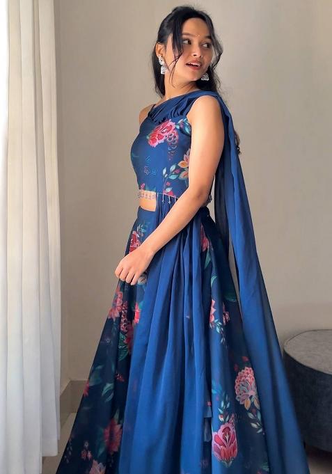 Blue Embroidered Georgette Lehenga Choli