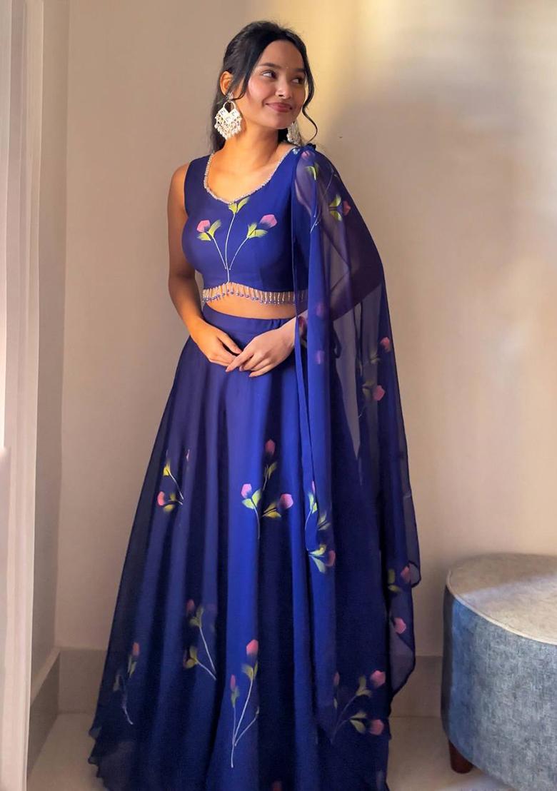 Navyblue Embroidered Georgette Lehenga Choli - Indya