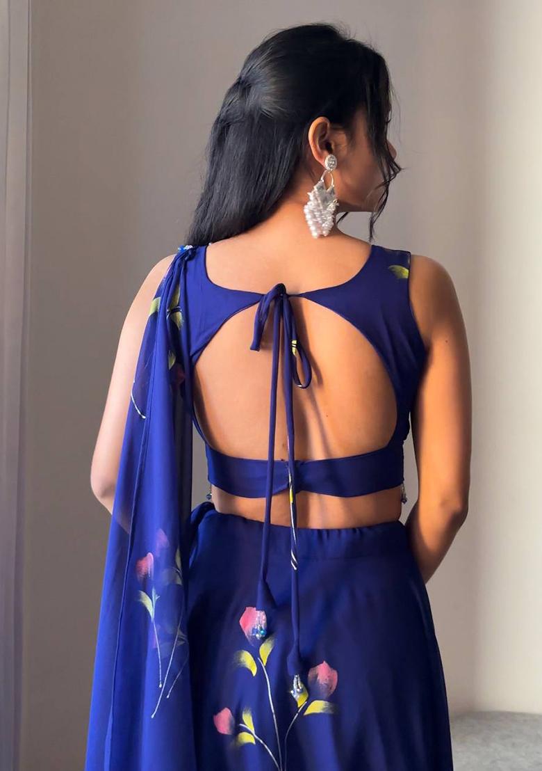 Navyblue Embroidered Georgette Lehenga Choli - Indya