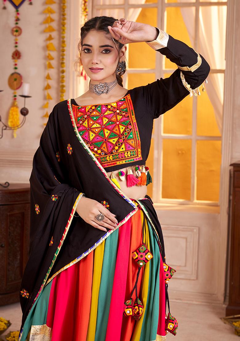 Black Thread Embroiderey Viscose Cotton Lehenga Set