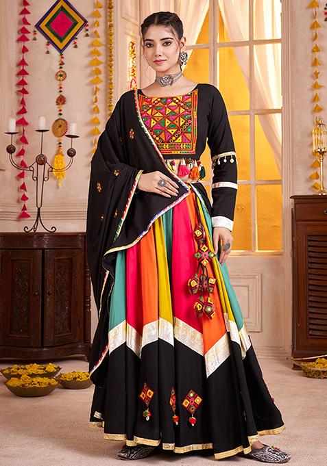Black Thread Embroiderey Viscose Cotton Lehenga Set