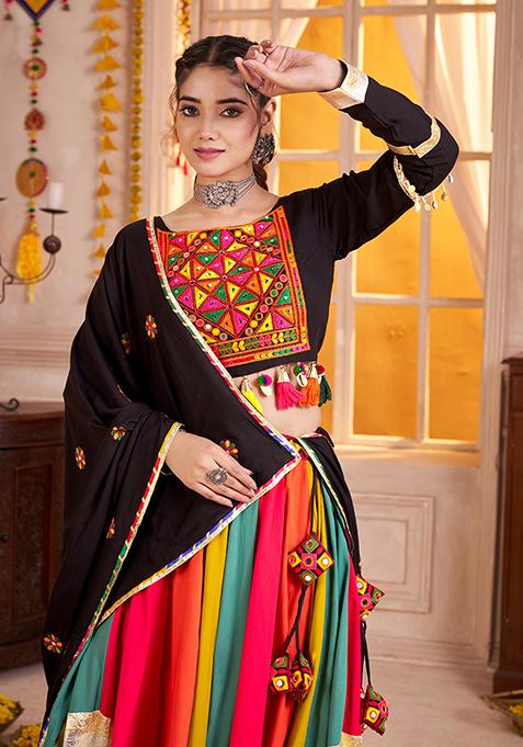 Black Thread Embroiderey Viscose Cotton Lehenga Set