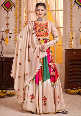 Beige Thread Embroiderey Viscose Cotton Lehenga Set