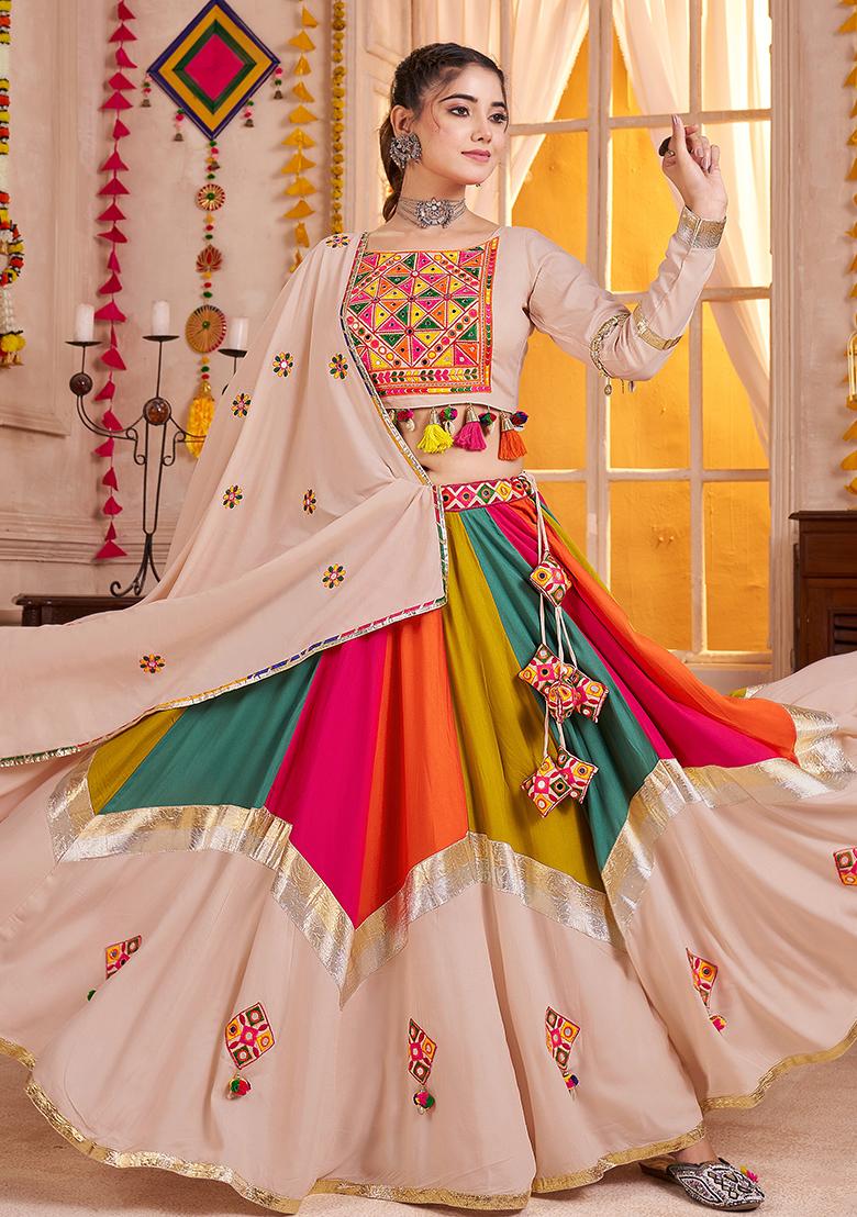 Beige Thread Embroiderey Viscose Cotton Lehenga Set