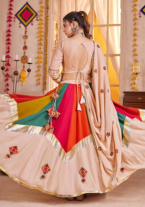 Beige Thread Embroiderey Viscose Cotton Lehenga Set