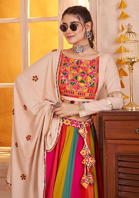 Beige Thread Embroiderey Viscose Cotton Lehenga Set