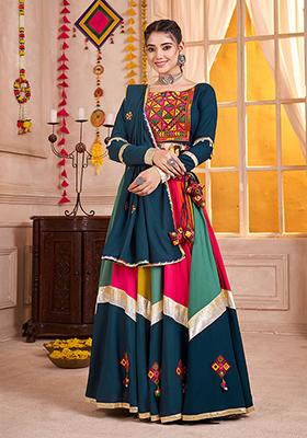 Teal Blue Thread Embroiderey Viscose Cotton Lehenga Set