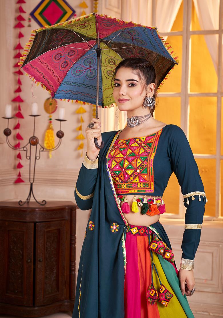 Teal Blue Thread Embroiderey Viscose Cotton Lehenga Set