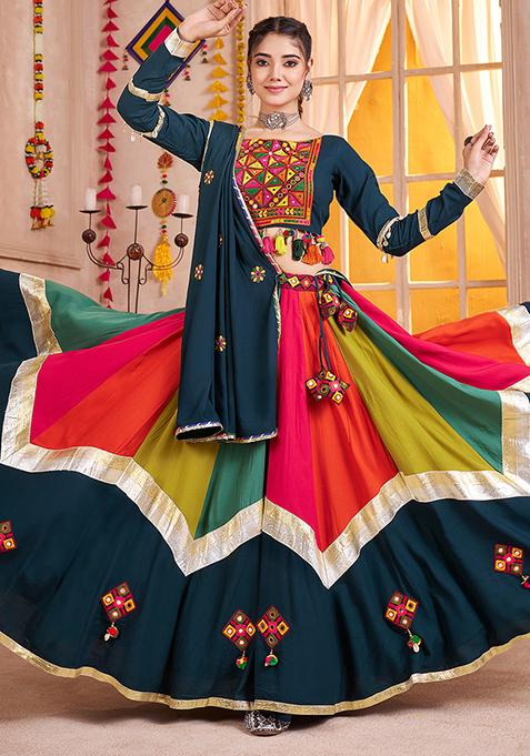 Teal Blue Thread Embroiderey Viscose Cotton Lehenga Set