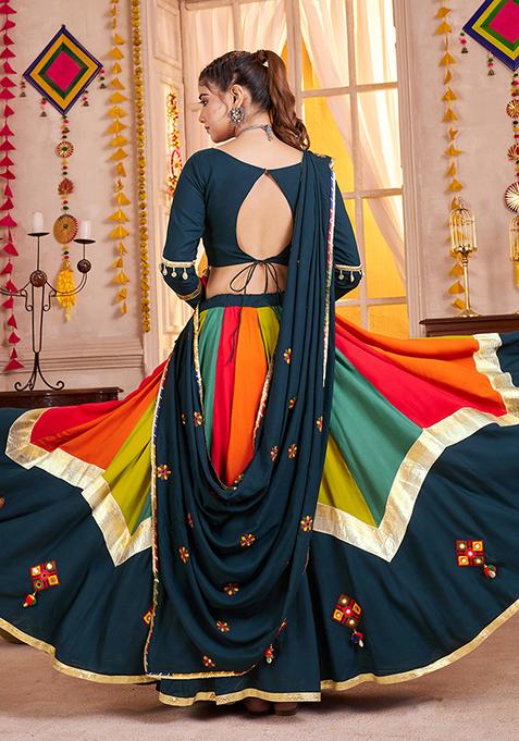Teal Blue Thread Embroiderey Viscose Cotton Lehenga Set