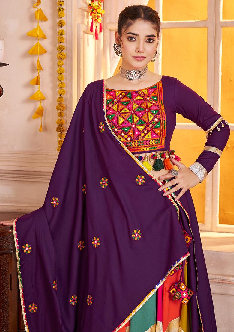 Purple Thread Embroiderey Viscose Cotton Lehenga Set