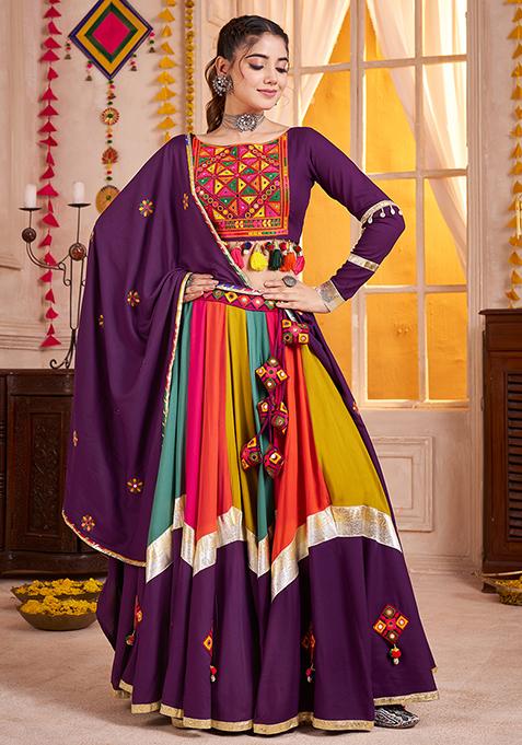 Purple Thread Embroiderey Viscose Cotton Lehenga Set