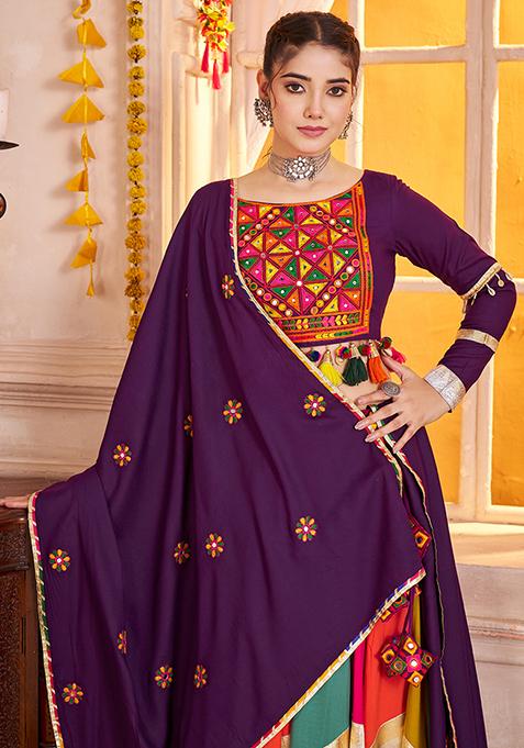 Purple Thread Embroiderey Viscose Cotton Lehenga Set