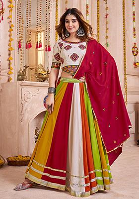 Beige Thread Embroiderey Viscose Cotton Lehenga Set