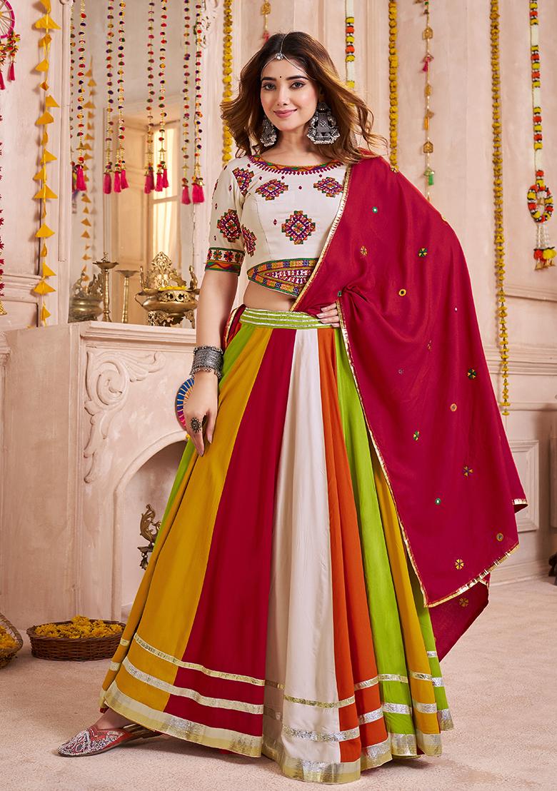 Beige Thread Embroiderey Viscose Cotton Lehenga Set