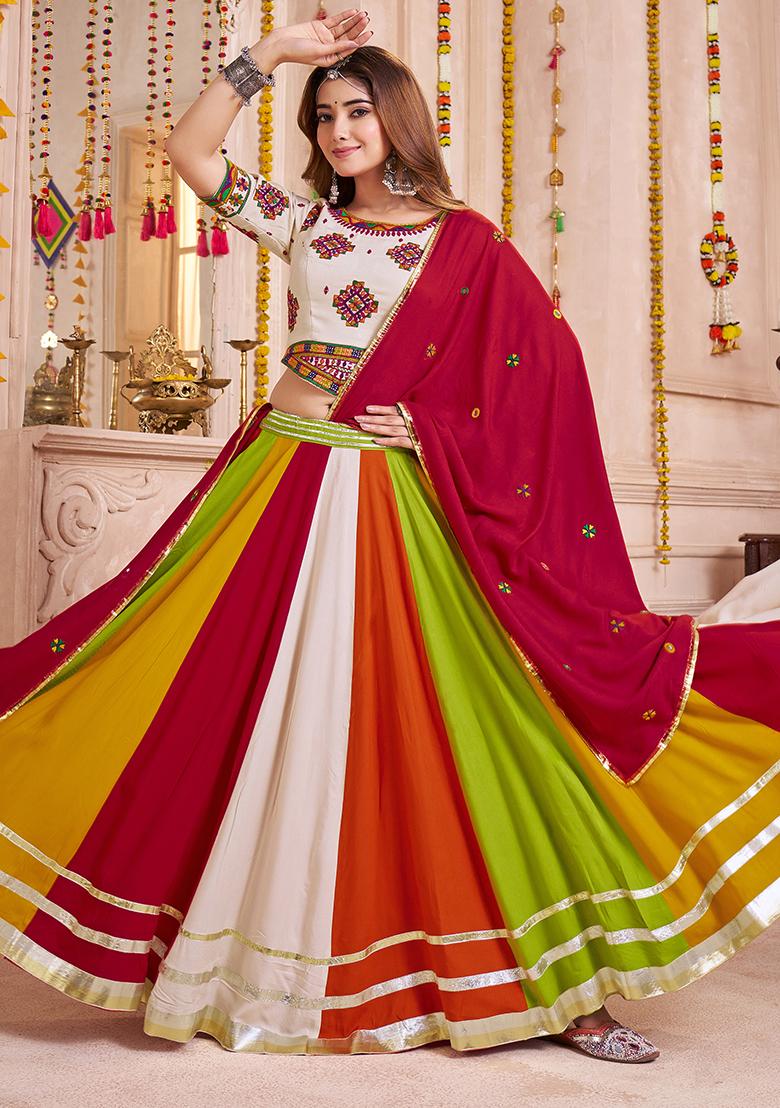 Beige Thread Embroiderey Viscose Cotton Lehenga Set