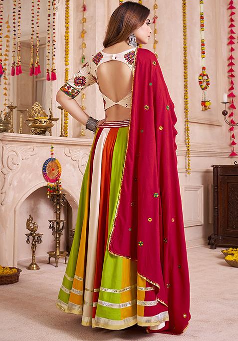 Beige Thread Embroiderey Viscose Cotton Lehenga Set