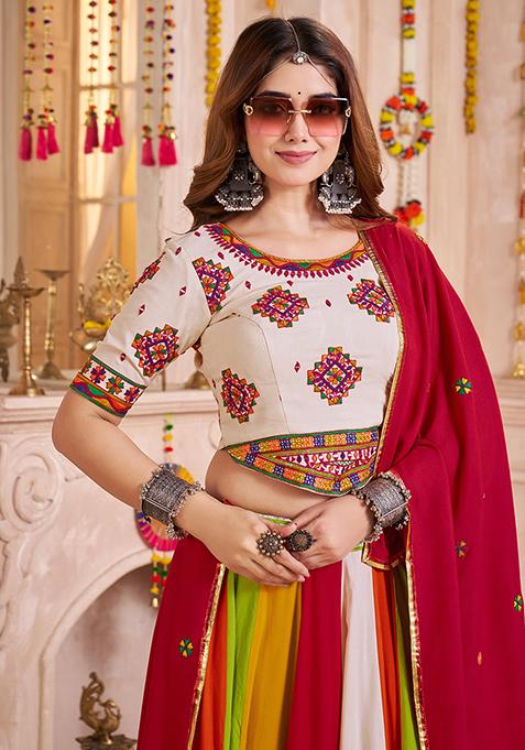 Beige Thread Embroiderey Viscose Cotton Lehenga Set