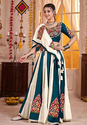White Thread Embroiderey Viscose Cotton Lehenga Set