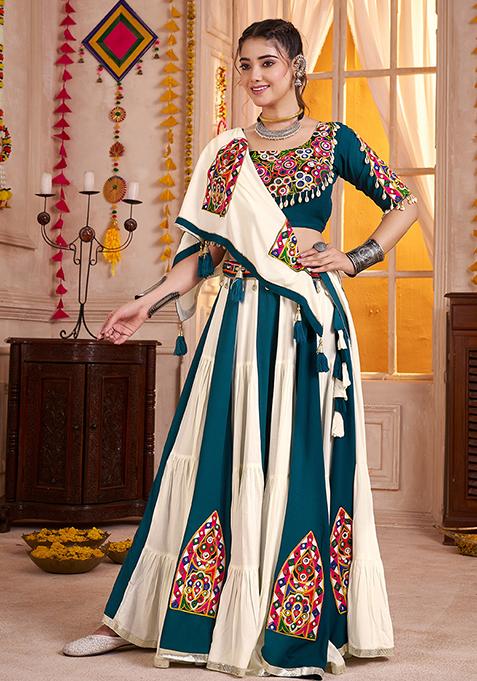 White Thread Embroiderey Viscose Cotton Lehenga Set