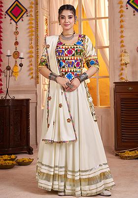 White Thread Embroiderey Viscose Cotton Lehenga Set