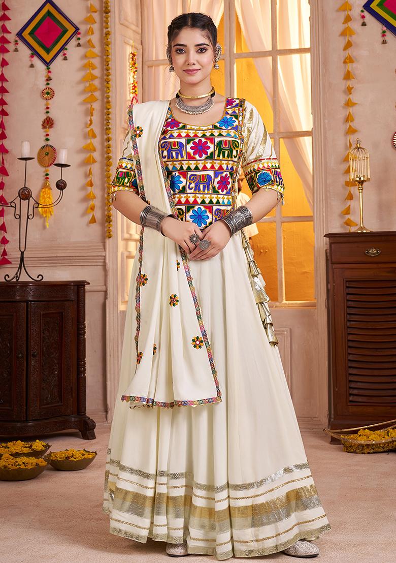 White Thread Embroiderey Viscose Cotton Lehenga Set
