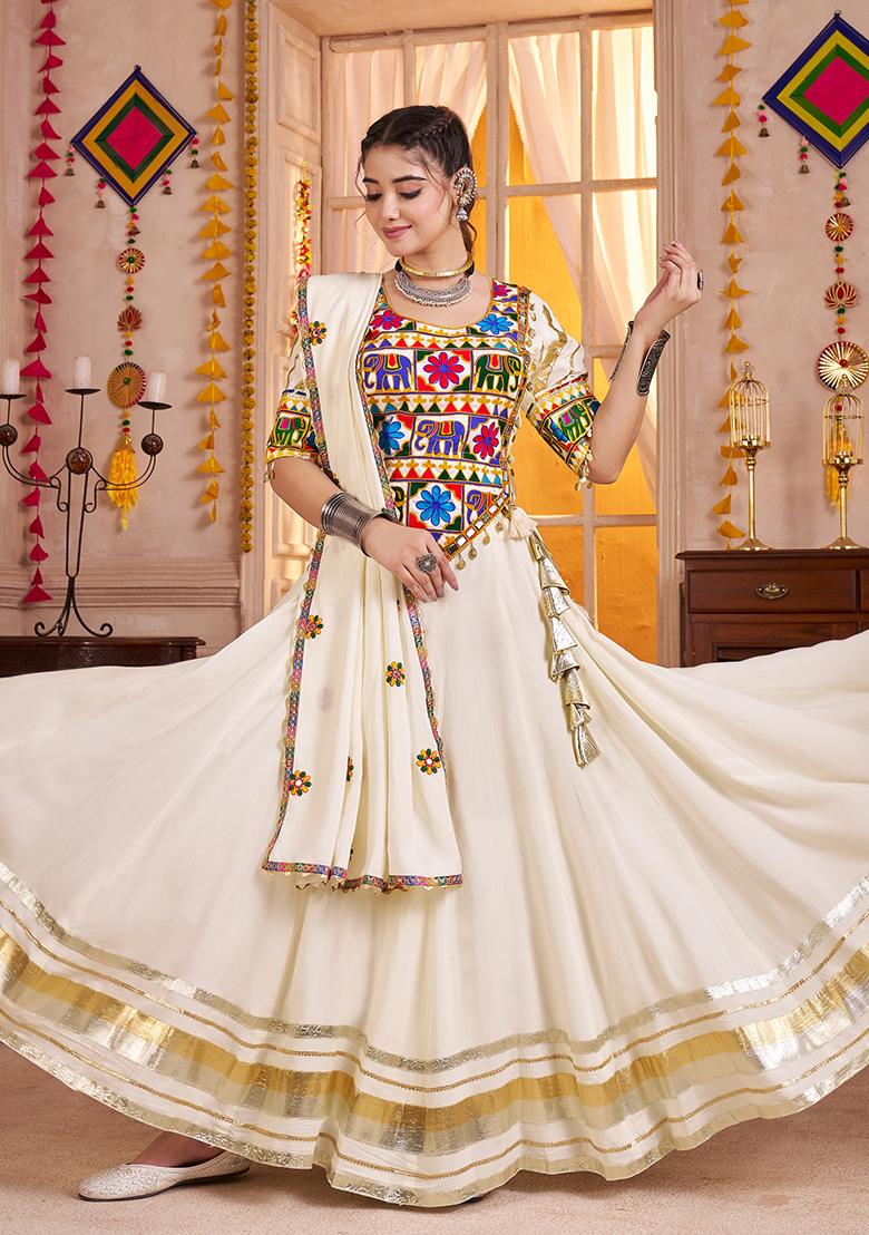 White Thread Embroiderey Viscose Cotton Lehenga Set