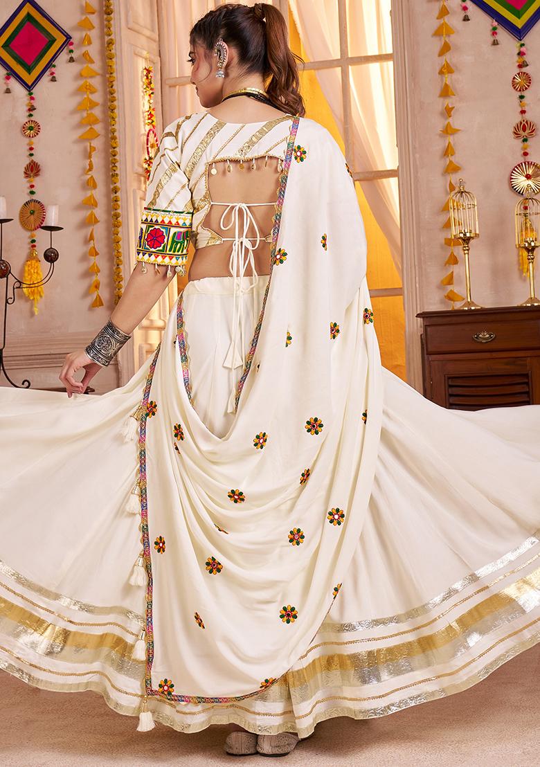 White Thread Embroiderey Viscose Cotton Lehenga Set