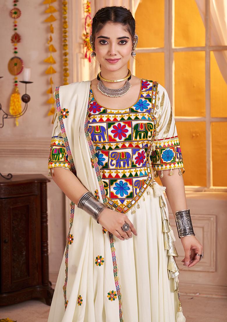 White Thread Embroiderey Viscose Cotton Lehenga Set
