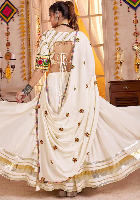 White Thread Embroiderey Viscose Cotton Lehenga Set