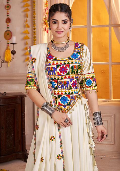 White Thread Embroiderey Viscose Cotton Lehenga Set