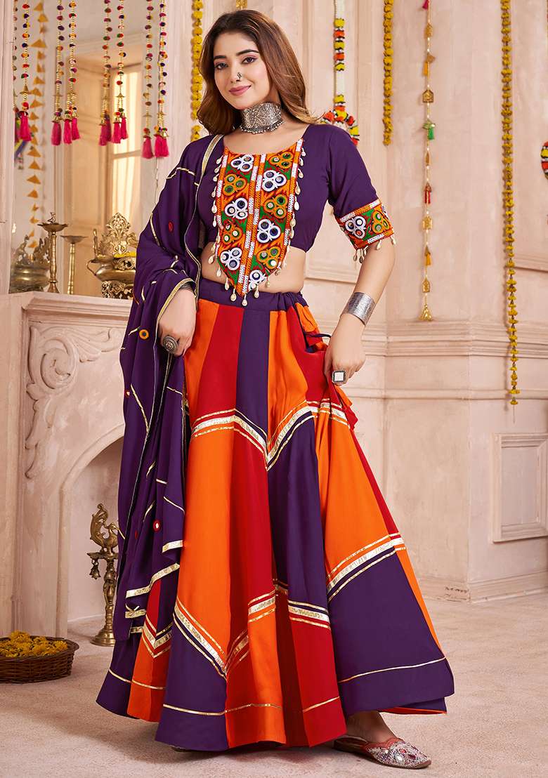 Purple And Multicolor Thread Embroiderey Viscose Cotton Lehenga Set - Indya
