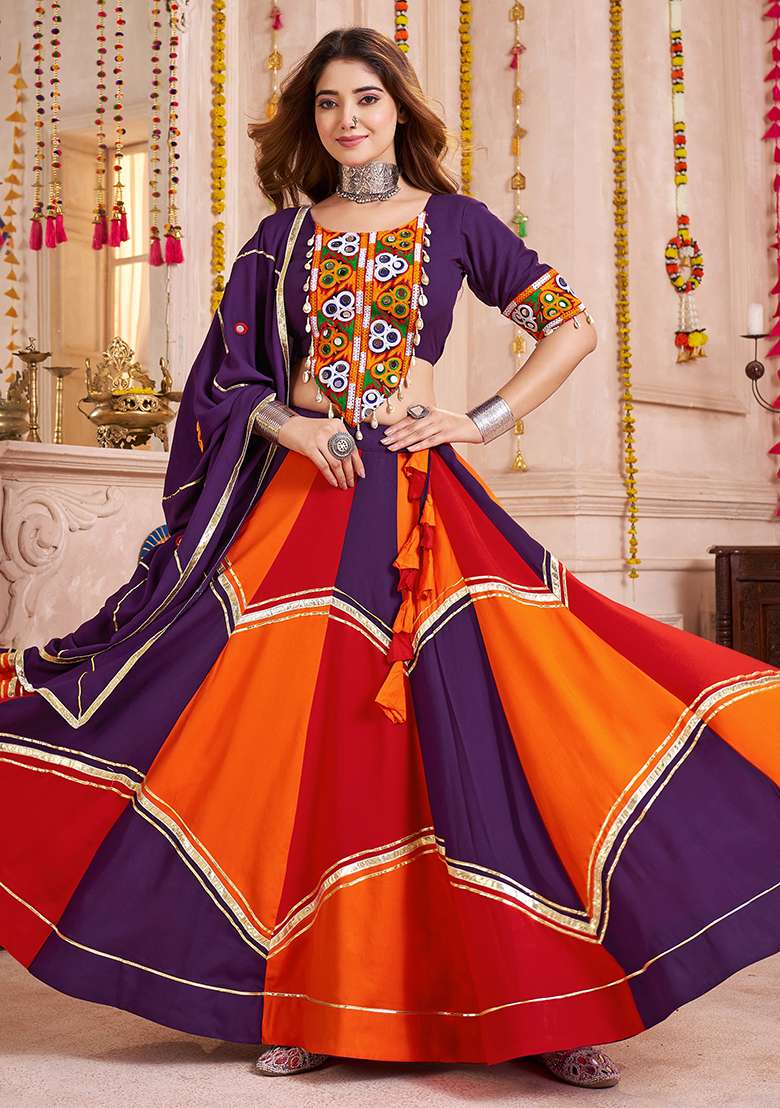 Purple And Multicolor Thread Embroiderey Viscose Cotton Lehenga Set - Indya