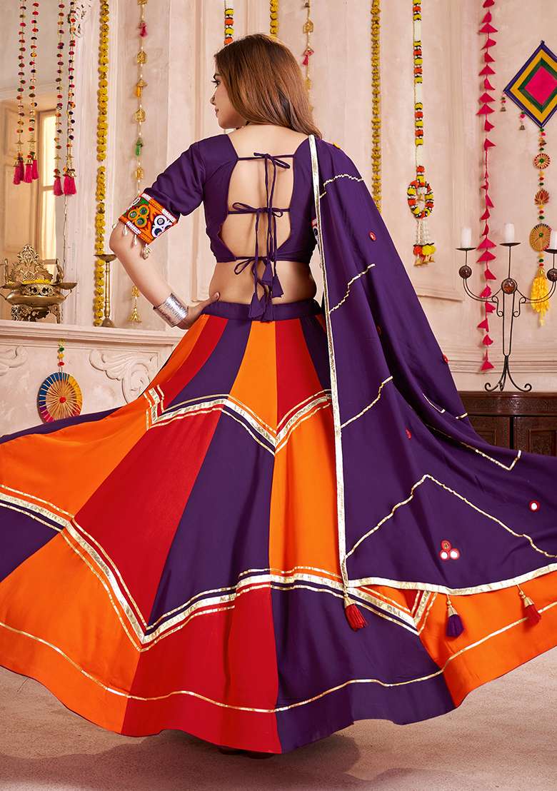 Purple And Multicolor Thread Embroiderey Viscose Cotton Lehenga Set - Indya