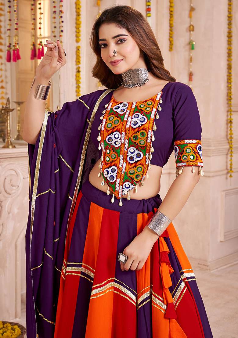 Purple And Multicolor Thread Embroiderey Viscose Cotton Lehenga Set - Indya