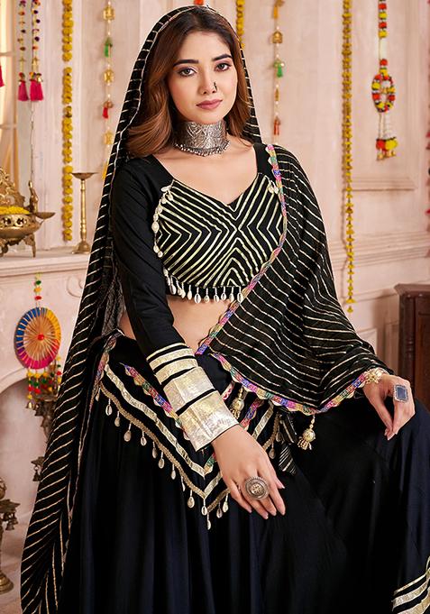 Black Thread Embroiderey Viscose Cotton Lehenga Set